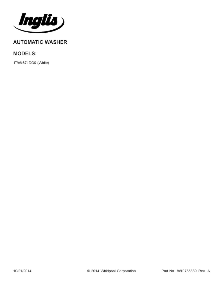 Cover Sheet Diagram and Parts List for ITW4671DQ0  Inglis Washer