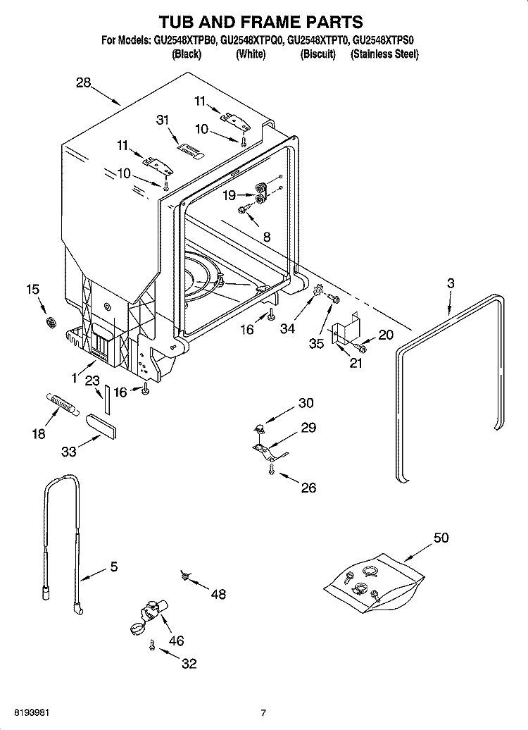 TUB AND FRAME PARTS Diagram and Parts List for GU2548XTPS0  Whirlpool Dishwasher