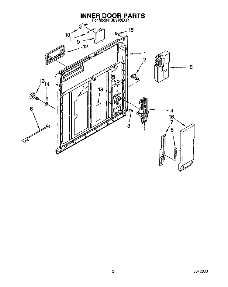 INNER DOOR Diagram and Parts List for DU9700XY1  Whirlpool Dishwasher