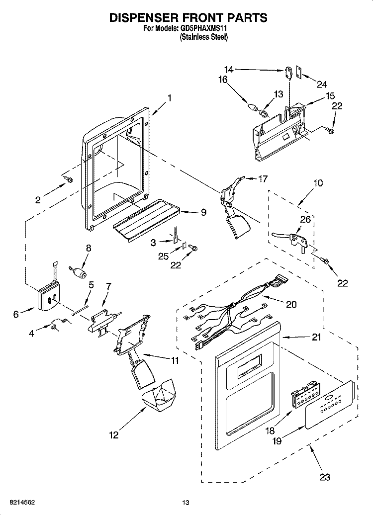 DISPENSER FRONT PARTS Diagram and Parts List for GD5PHAXMS11  Whirlpool Refrigerator