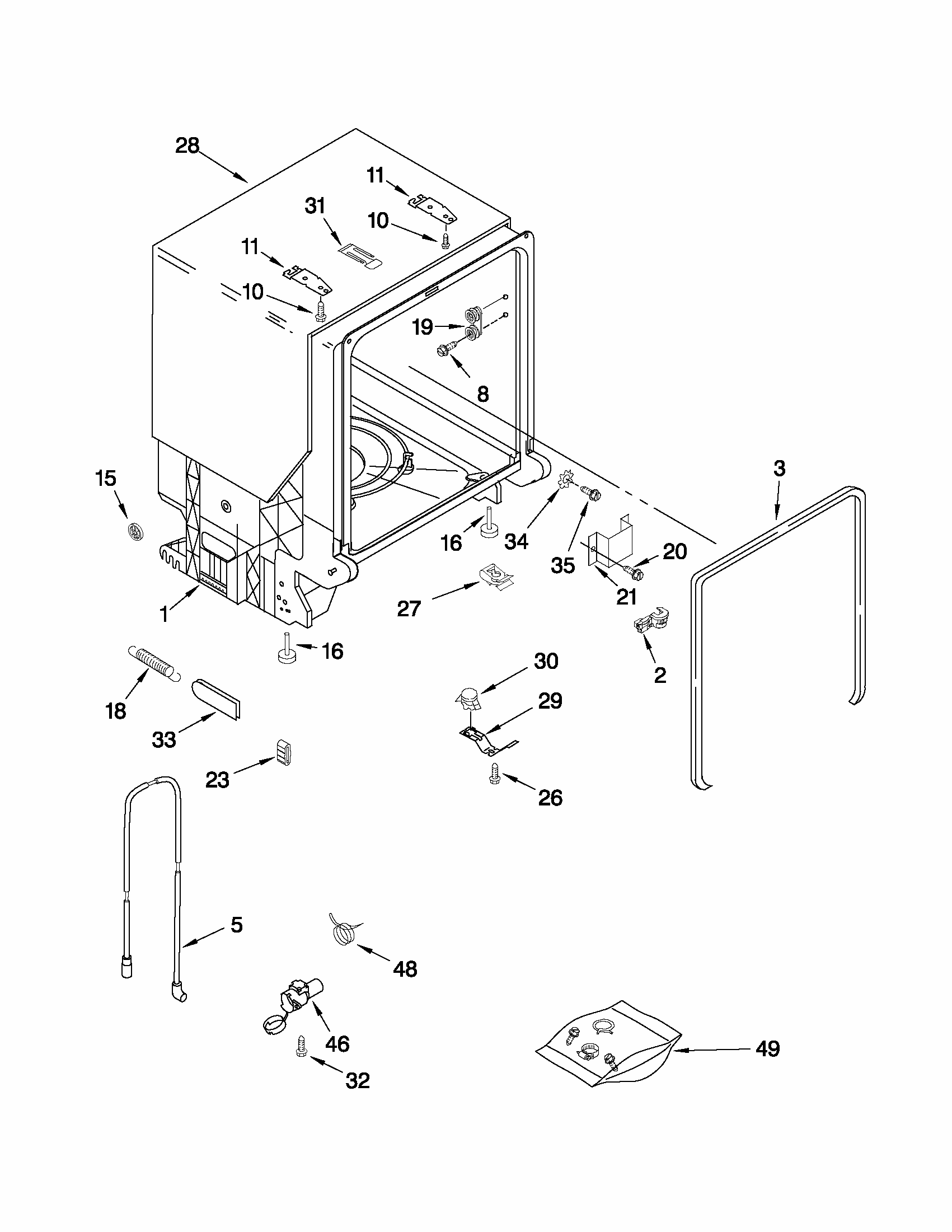 Tub And Frame Parts Diagram and Parts List for 66516012402  Kenmore Dishwasher