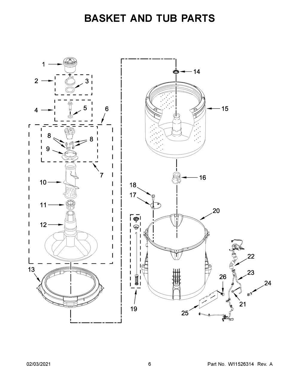 Basket And Tub Parts Diagram and Parts List for 4GWTW1805LW0  Whirlpool Washer