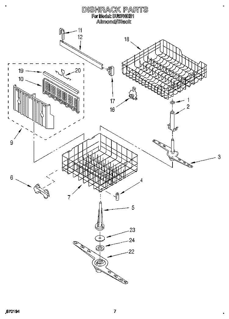 DISHRACK Diagram and Parts List for DU8700XB1  Whirlpool Dishwasher