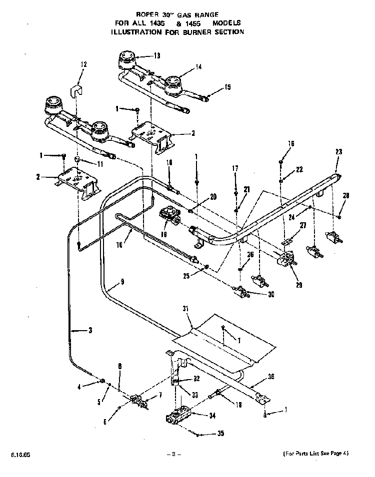 Burner Diagram and Parts List for 1435*0A  Roper Range