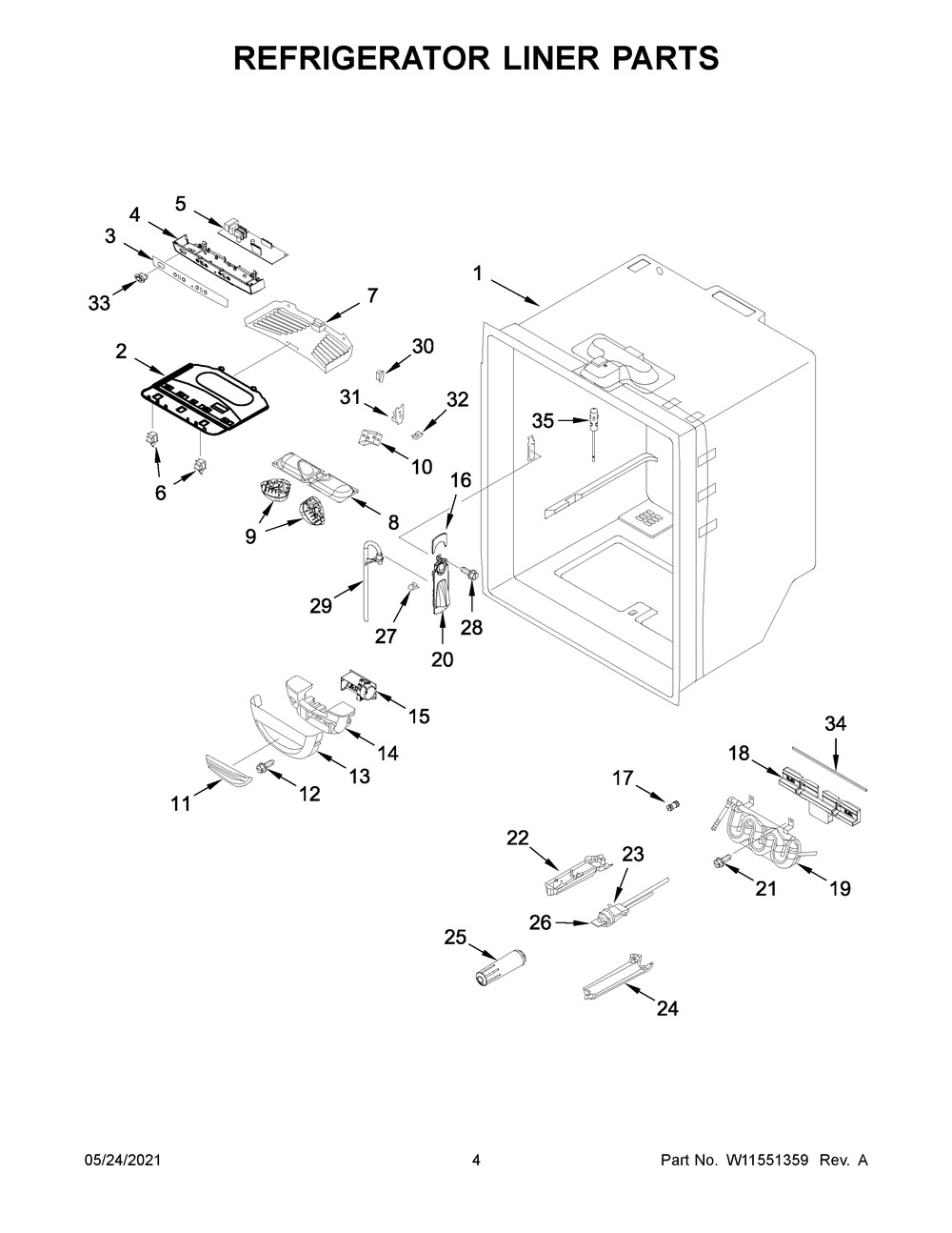 Refrigerator Liner Parts Diagram and Parts List for WRFA35SWHZ07  Whirlpool Refrigerator