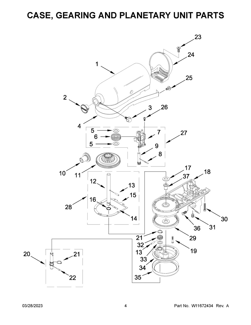 Case, Gearing And Planetary Unit Parts Diagram and Parts List for K45SSOB5  KitchenAid Mixer