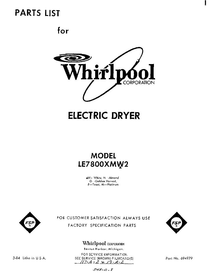 SECTION Diagram and Parts List for LE7800XMW2  Whirlpool Dryer