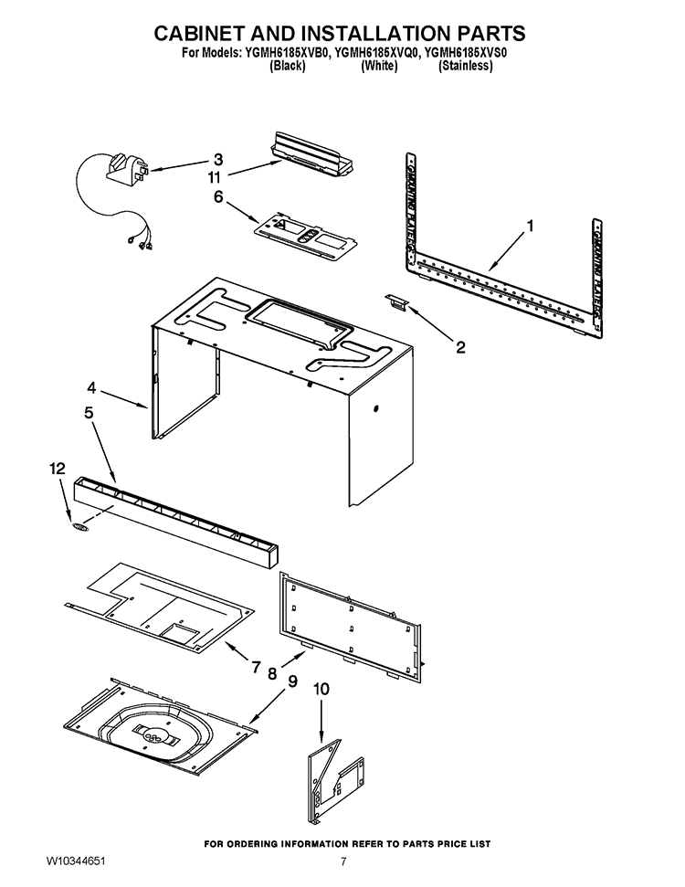 CABINET AND INSTALLATION PARTS Diagram and Parts List for YGMH6185XVQ0  Whirlpool Microwave