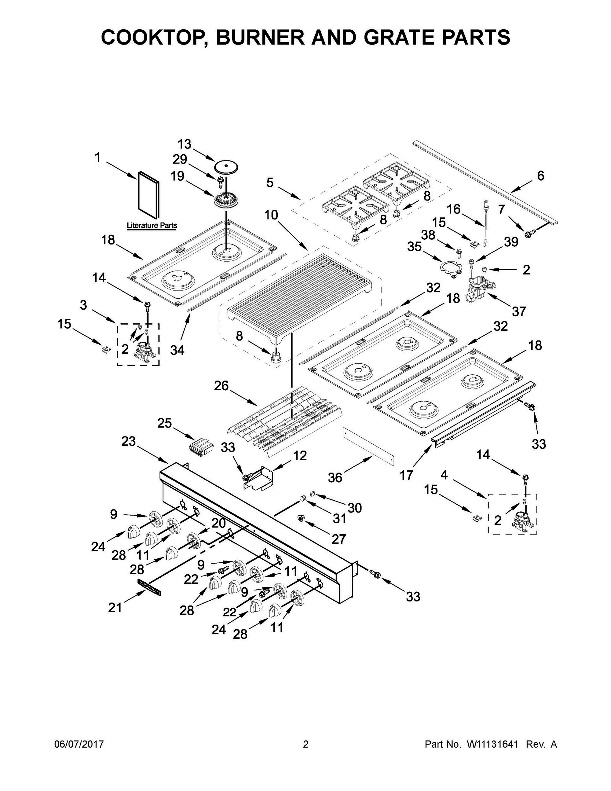 02 - COOKTOP, BURNER AND GRATE PARTS Diagram and Parts List for KGCU482VSS02  Whirlpool Range