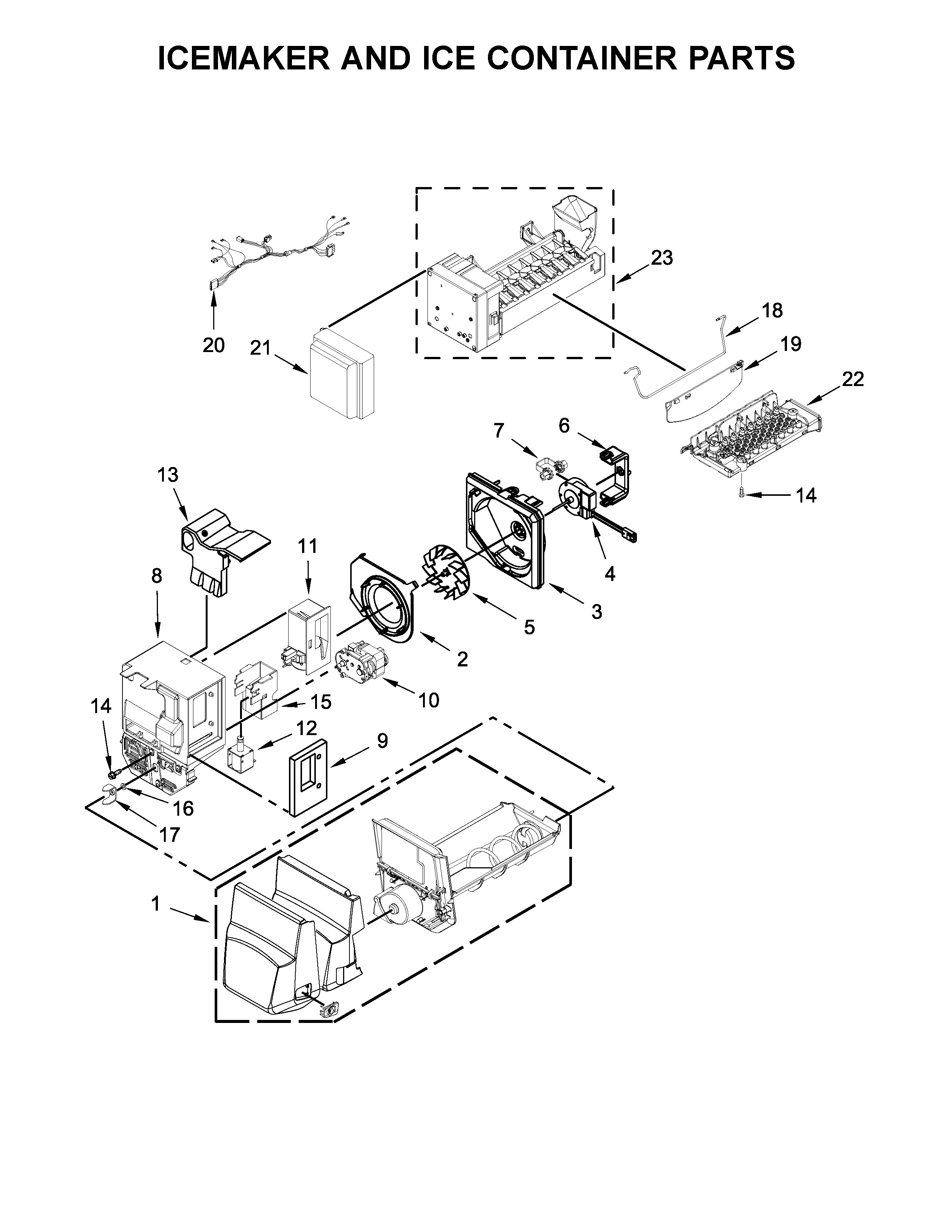 Icemaker And Ice Container Parts Diagram and Parts List for IX7DDEXGZ000  Whirlpool Refrigerator