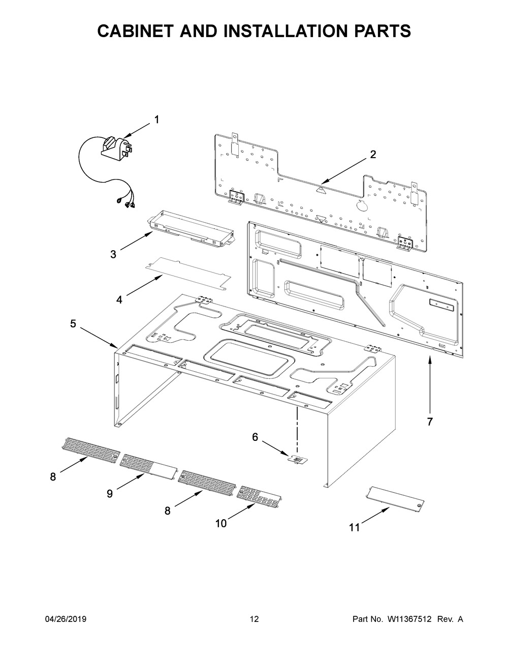 Cabinet And Installation Parts Diagram and Parts List for YWML55011HS4  Whirlpool Microwave