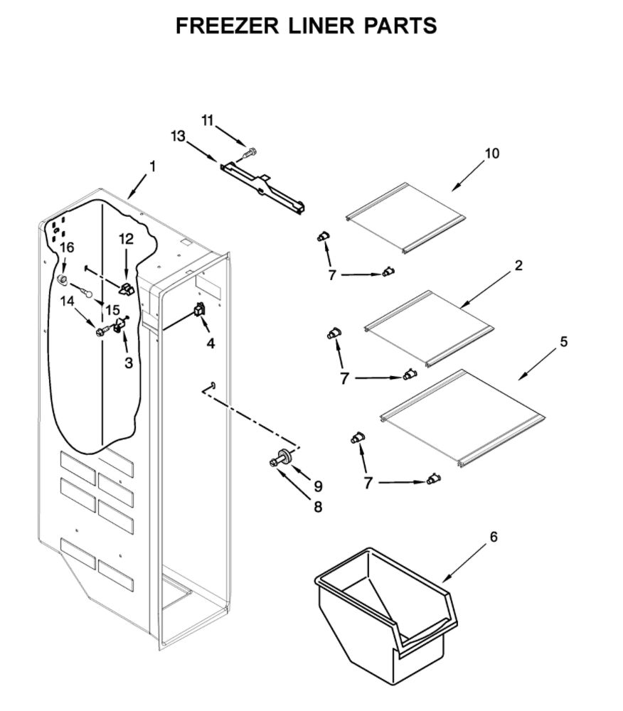 Freezer Liner Parts Diagram and Parts List for 10651753710  Kenmore Refrigerator