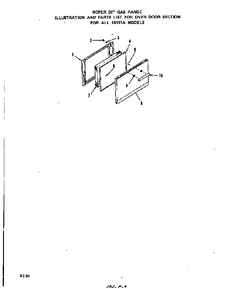 Oven Door Diagram and Parts List for 1413*1A  Roper Range