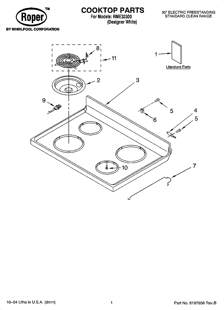 COOKTOP PARTS Diagram and Parts List for RME32300  Roper Range