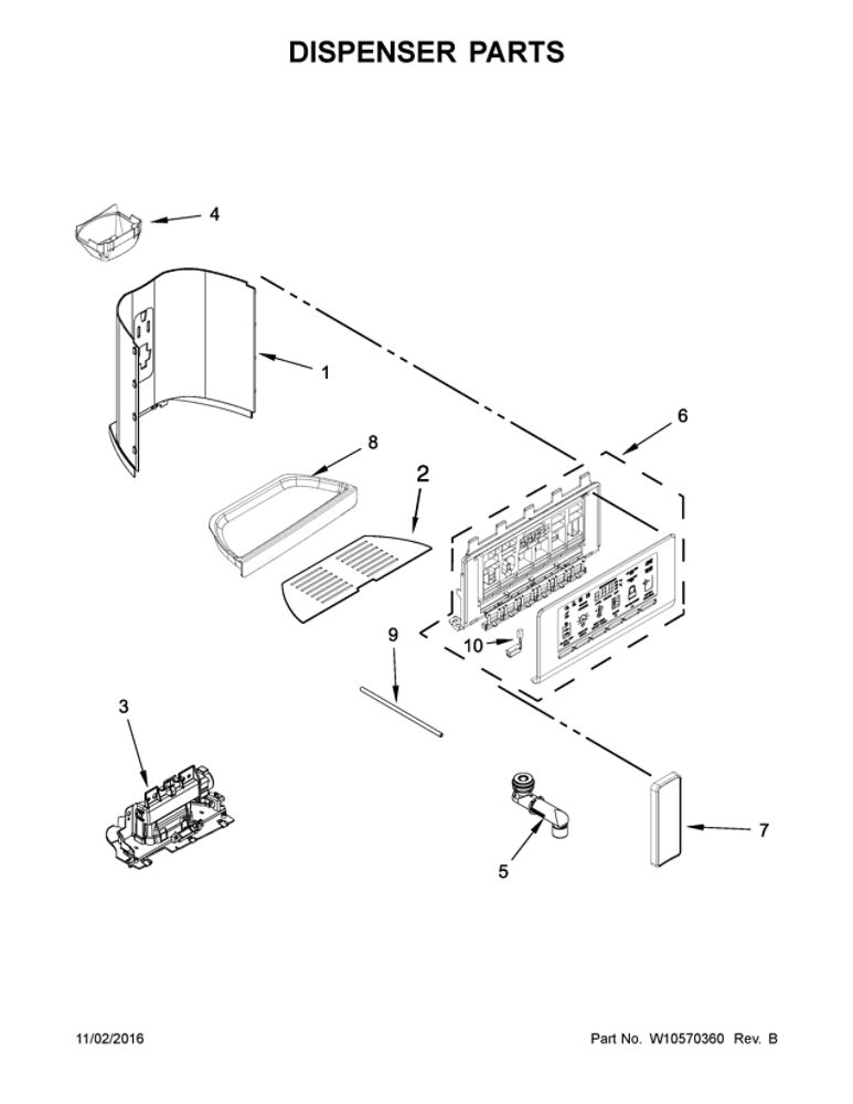 Dispenser Parts Diagram and Parts List for 10641163310  Kenmore Refrigerator