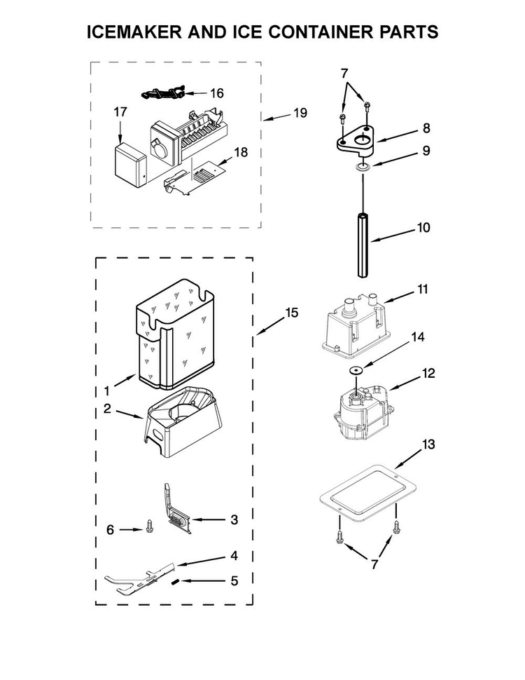 Icemaker And Ice Container Parts Diagram and Parts List for KBSD612ESS01  KitchenAid Refrigerator