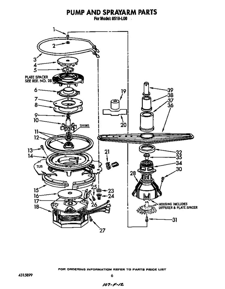 Pump And Spray Arm Diagram and Parts List for 8519L00  Roper Dishwasher