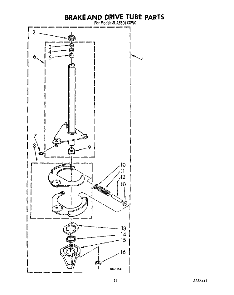 BRAKE AND DRIVE TUBE Diagram and Parts List for 3LA5801XXW0  Whirlpool Washer