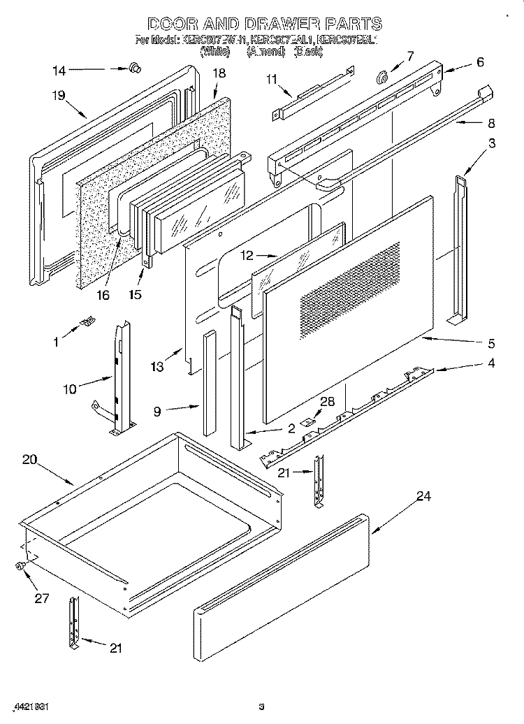 DOOR AND DRAWER Diagram and Parts List for KERC507EAL1  KitchenAid Range