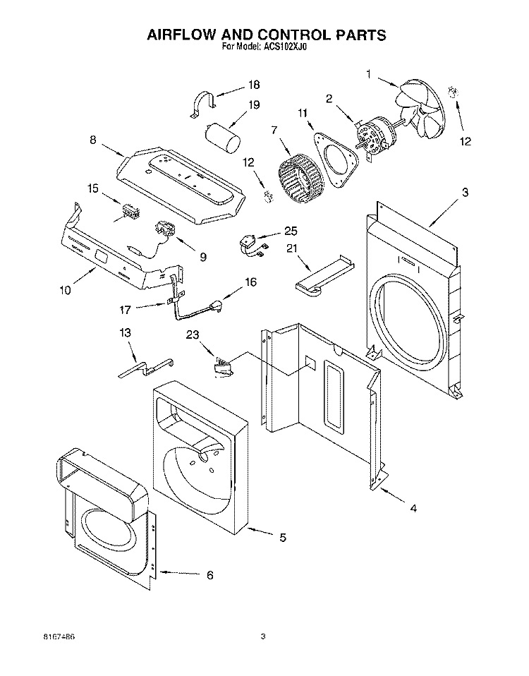 AIRFLOW AND CONTROL Diagram and Parts List for ACS102XJ0  Whirlpool Air Conditioner