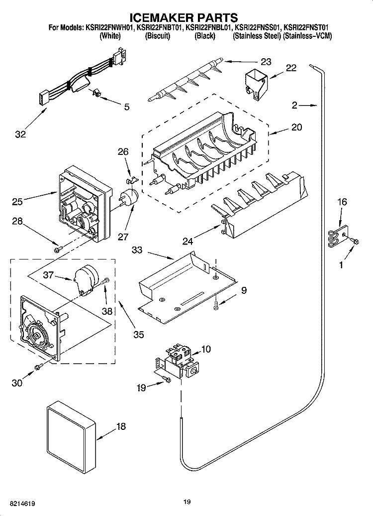 ICEMAKER PARTS Diagram and Parts List for KSRI22FNBL01  KitchenAid Refrigerator