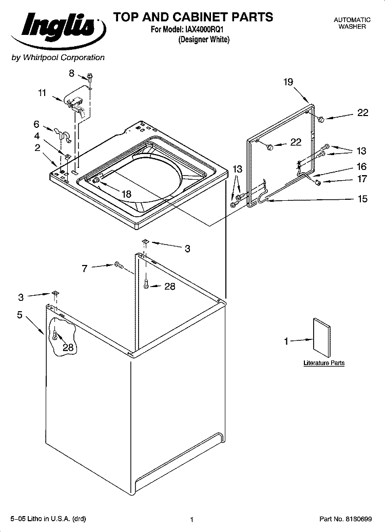 TOP AND CABINET PARTS Diagram and Parts List for IAX4000RQ1  Inglis Washer