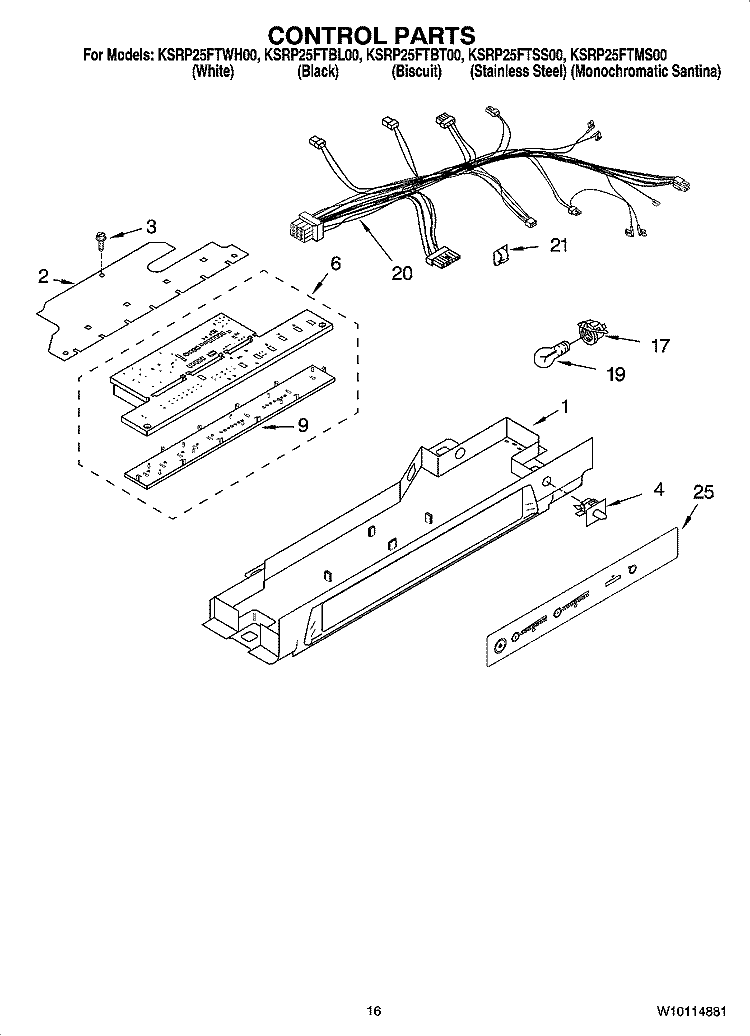 CONTROL PARTS Diagram and Parts List for KSRP25FTWH00  KitchenAid Refrigerator