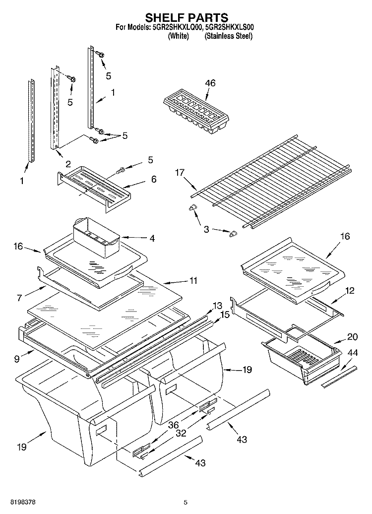 SHELF Diagram and Parts List for 5GR2SHKXKQ00  Whirlpool Refrigerator