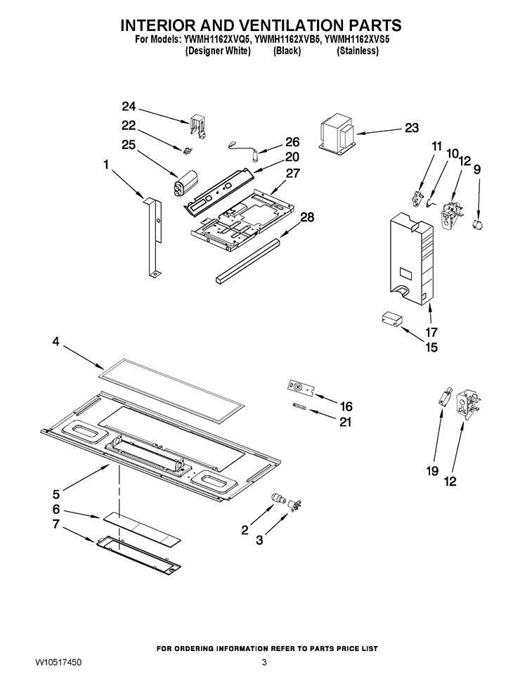 INTERIOR AND VENTILATION PARTS Diagram and Parts List for YWMH1162XVS5  Whirlpool Microwave