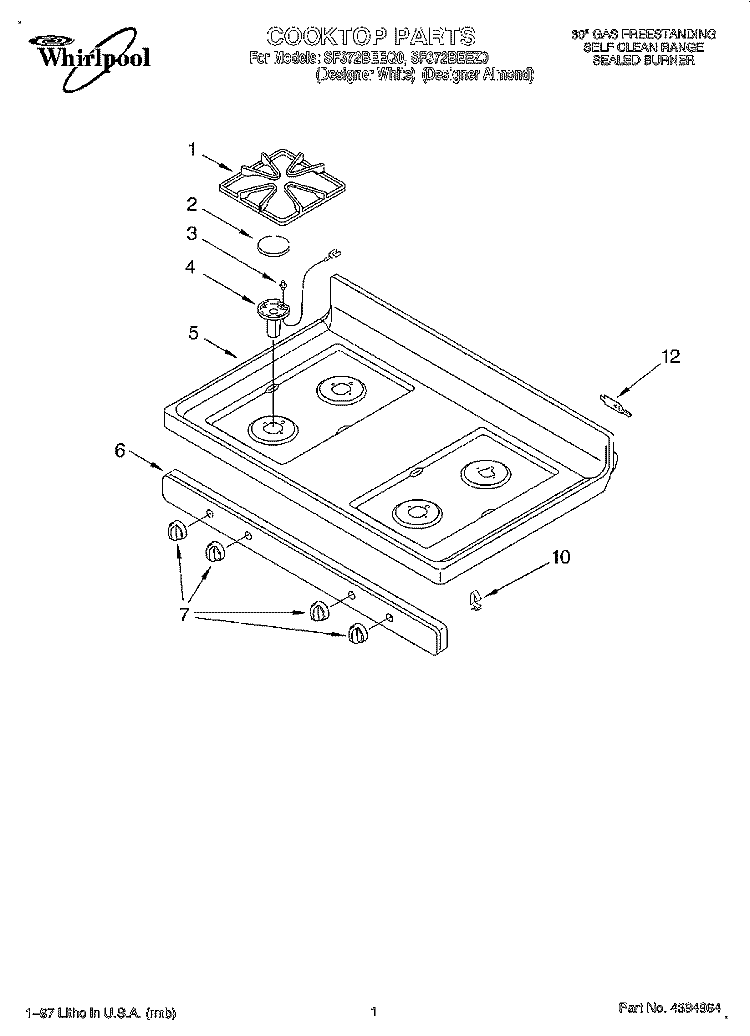 COOKTOP Diagram and Parts List for SF372BEEQ0  Whirlpool Range