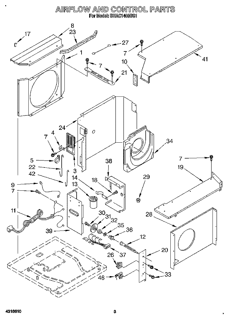 AIR FLOW AND CONTROL Diagram and Parts List for BHAC1400BS1  Whirlpool Air Conditioner