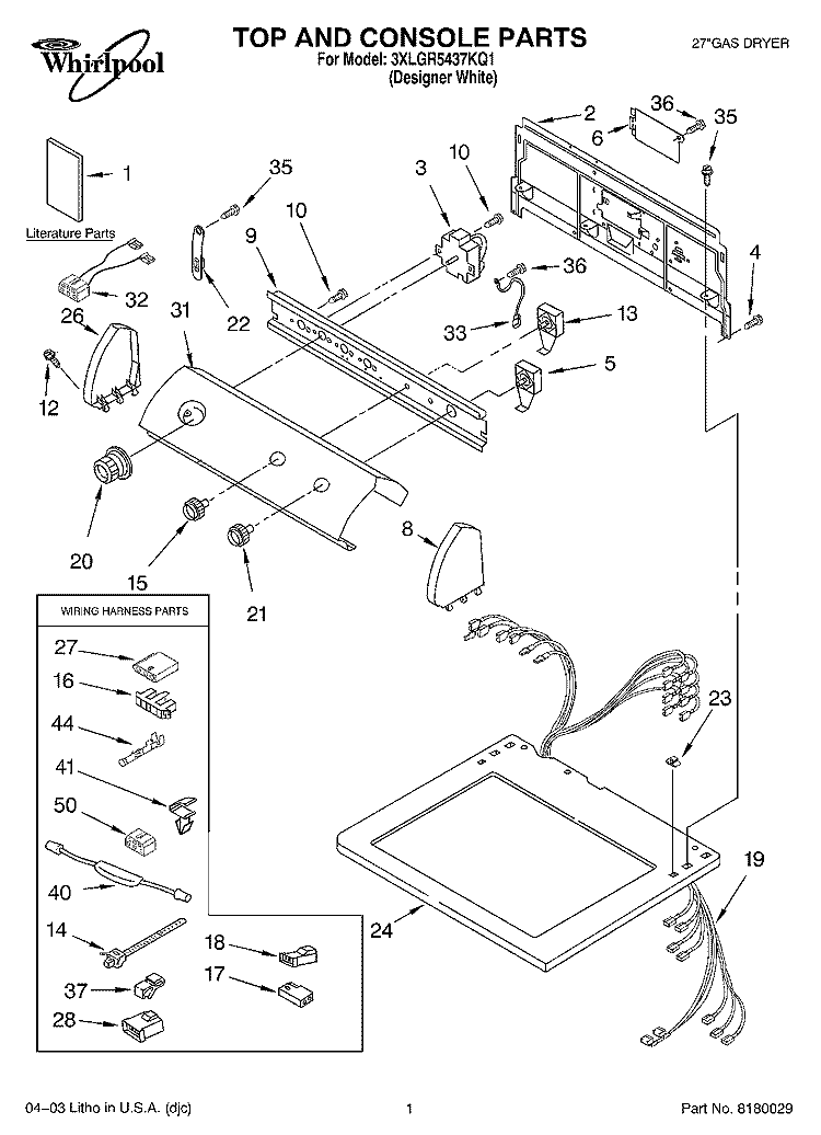TOP AND CONSOLE PARTS Diagram and Parts List for 3XLGR5437KQ1  Whirlpool Dryer
