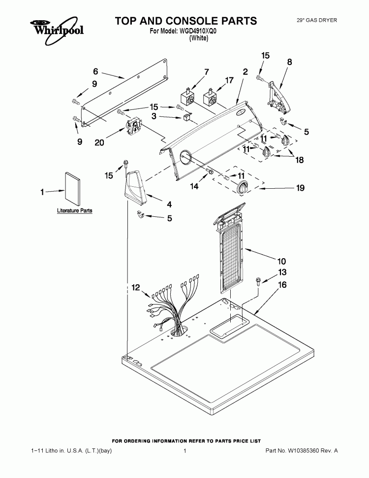 TOP AND CONSOLE PARTS Diagram and Parts List for WGD4910XQ0  Whirlpool Dryer