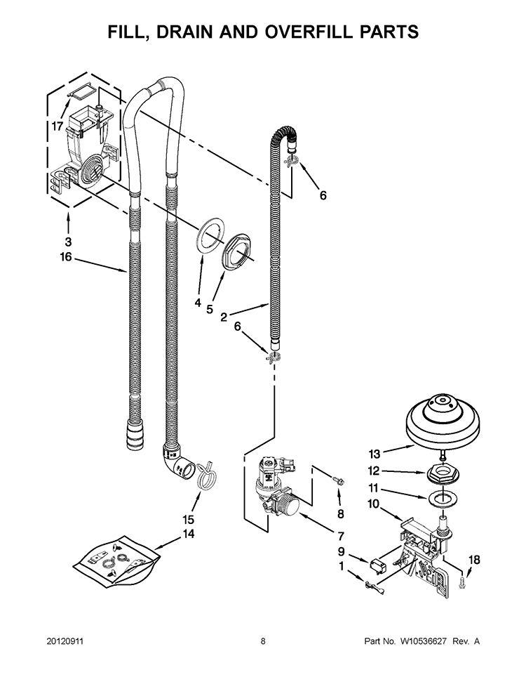FILL, DRAIN AND OVERFILL PARTS Diagram and Parts List for KUDC10FBBL0  KitchenAid Dishwasher