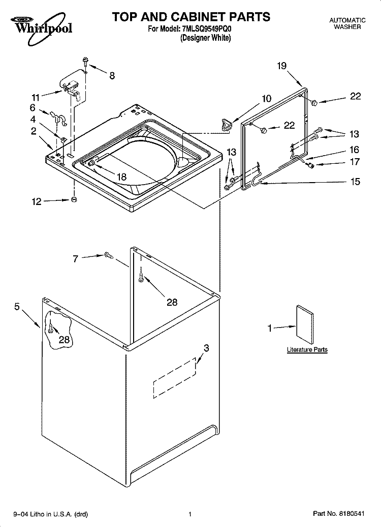 TOP AND CABINET PARTS Diagram and Parts List for 7MLSQ9549PQ0  Whirlpool Washer