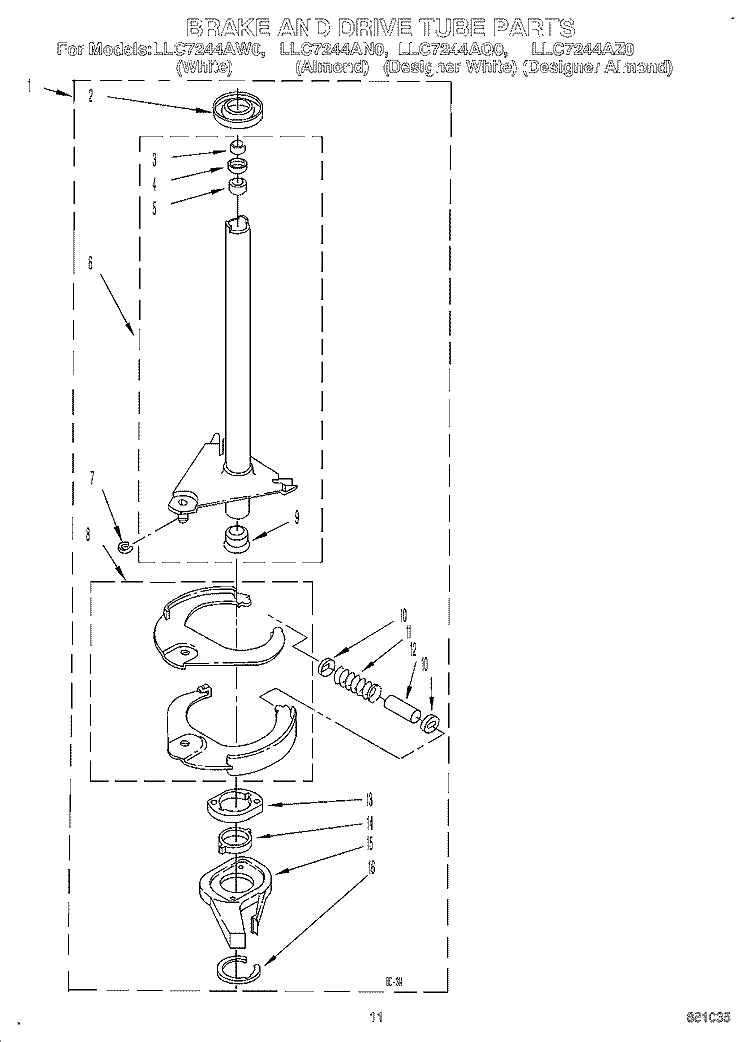 BRAKE AND DRIVE TUBE Diagram and Parts List for LLC7244AN0  Whirlpool Washer