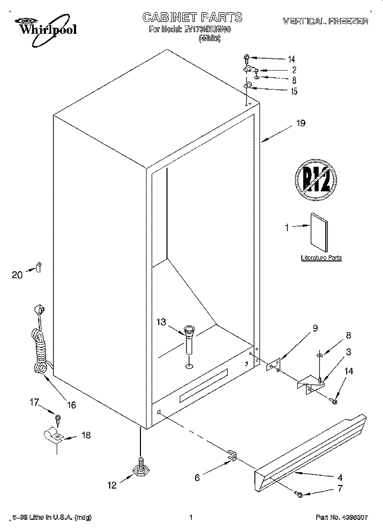 CABINET, LIT/OPTIONAL Diagram and Parts List for EV170NXGW00  Whirlpool Freezer