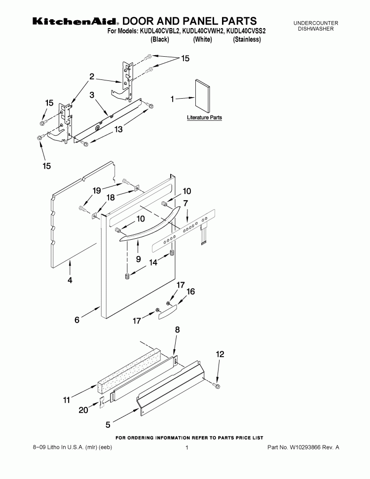 DOOR AND PANEL PARTS Diagram and Parts List for KUDL40CVBL2  KitchenAid Dishwasher