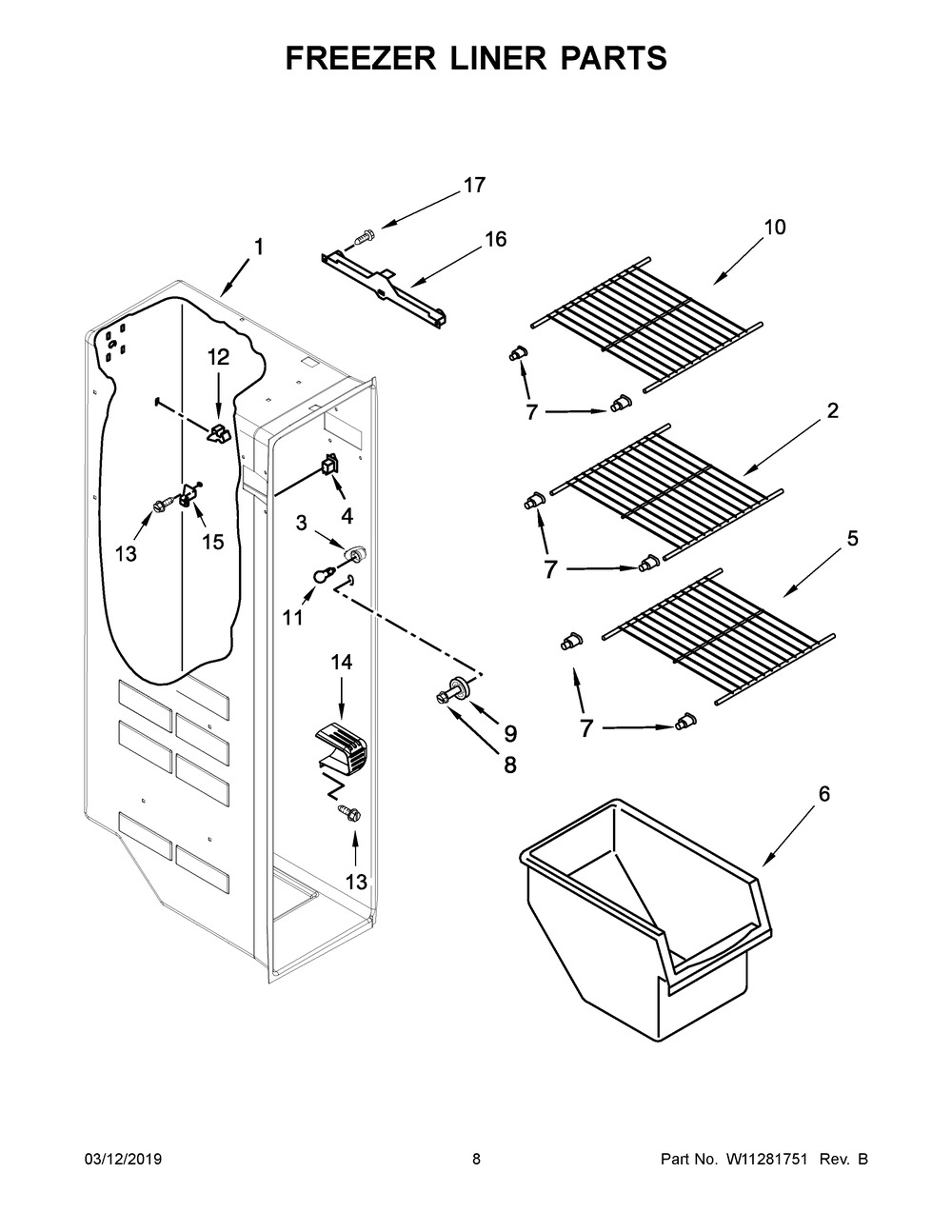 Freezer Liner Parts Diagram and Parts List for WRS315SDHB01  Whirlpool Refrigerator