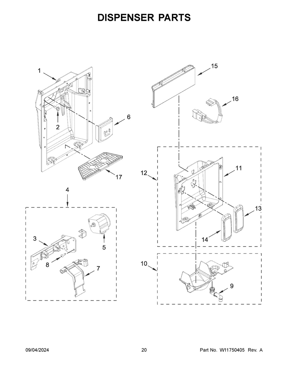 11 - Dispenser Parts Diagram and Parts List for KBSD702MPS01  Whirlpool Refrigerator