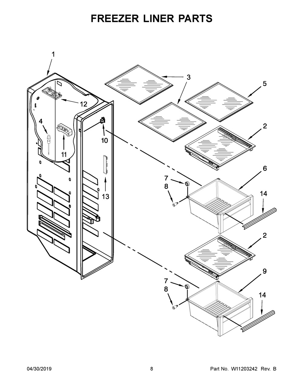 Freezer Liner Parts Diagram and Parts List for KRSC503ESS01  Whirlpool Refrigerator
