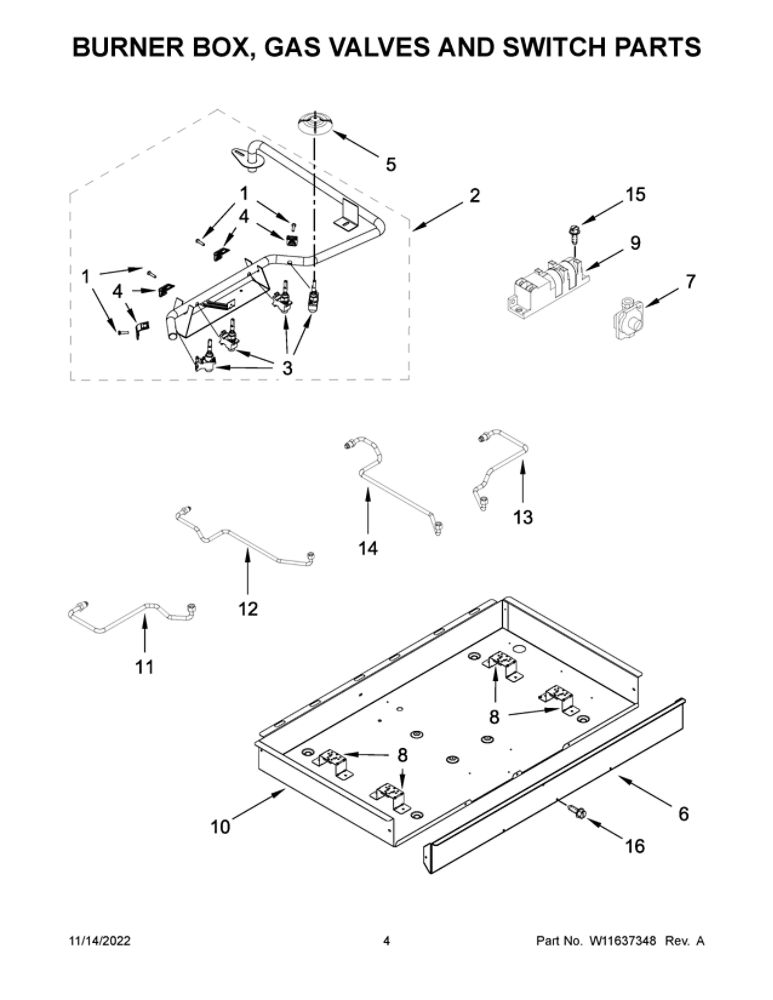 Burner Box, Gas Valves And Switch Parts Diagram and Parts List for WCG55US0HS05  Whirlpool Cooktop