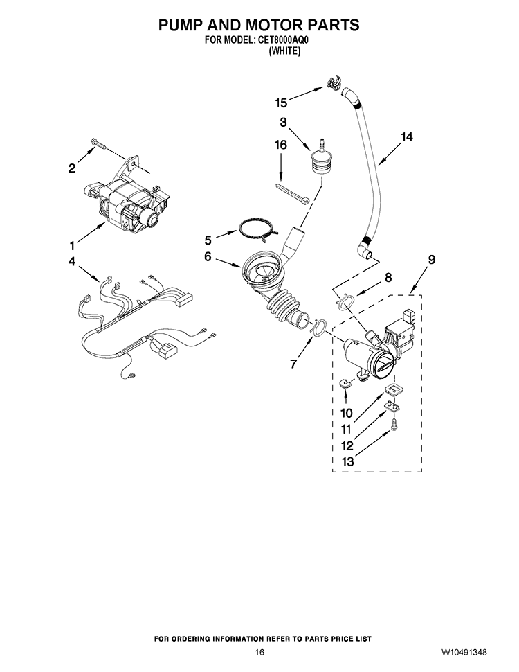 PUMP AND MOTOR PARTS Diagram and Parts List for CET8000AQ0  Whirlpool Washer Dryer Combo