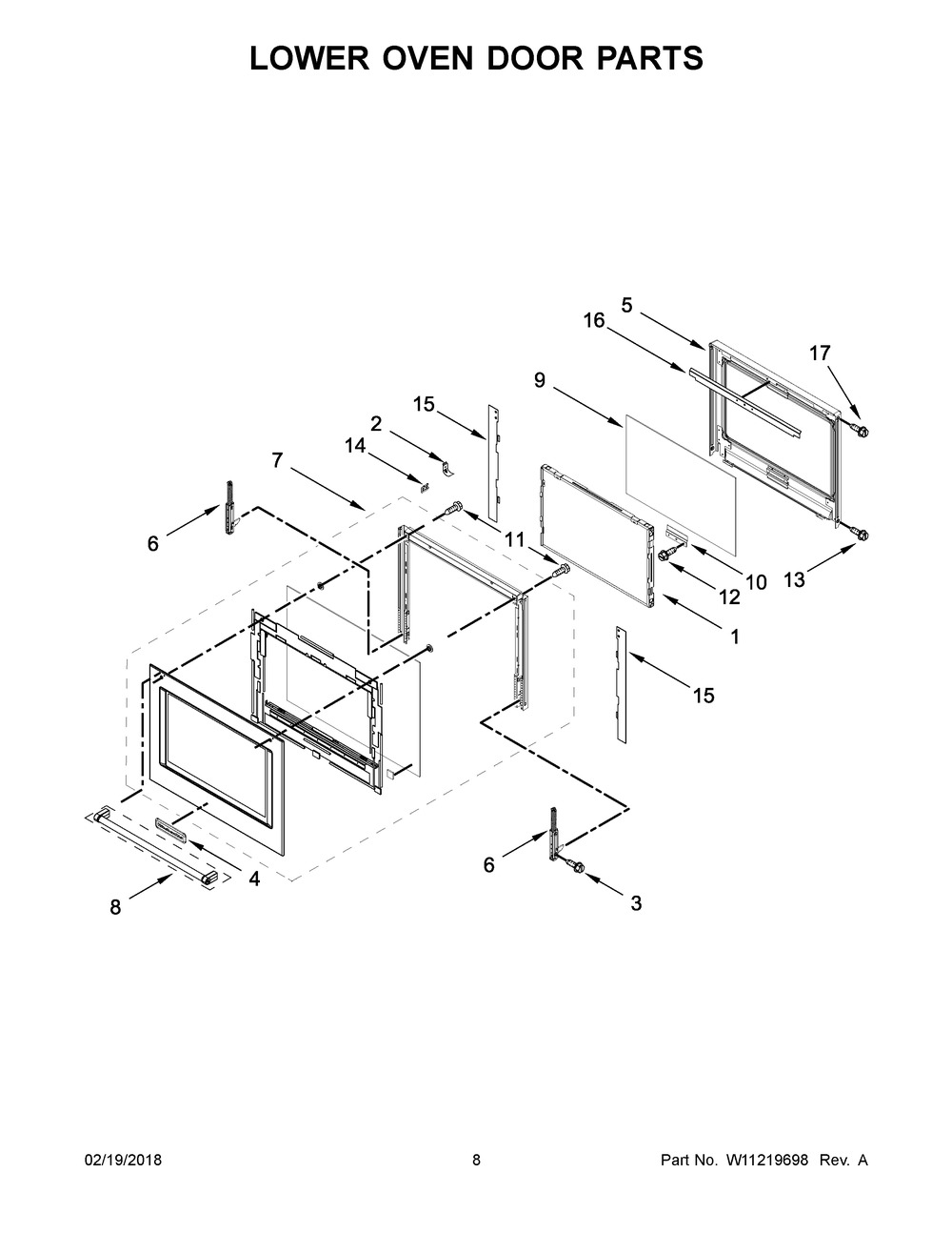 Lower Oven Door Parts Diagram and Parts List for KODE307ESS03  Whirlpool Wall Oven