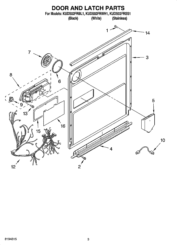 DOOR AND LATCH PARTS Diagram and Parts List for KUDS02FRWH1  KitchenAid Dishwasher