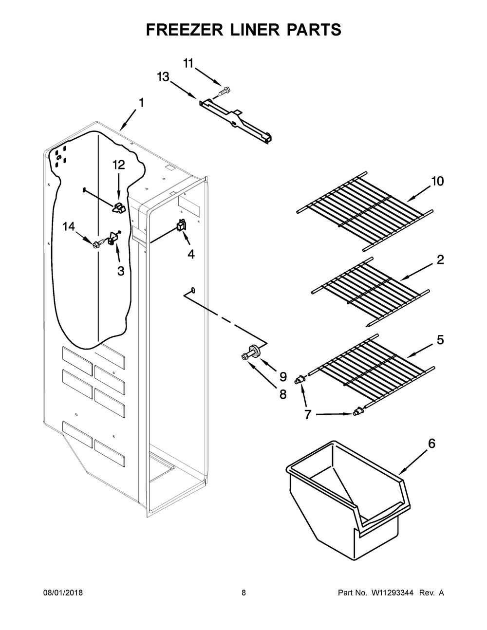 Freezer Liner Parts Diagram and Parts List for 5WRS25FDFG00  Whirlpool Refrigerator