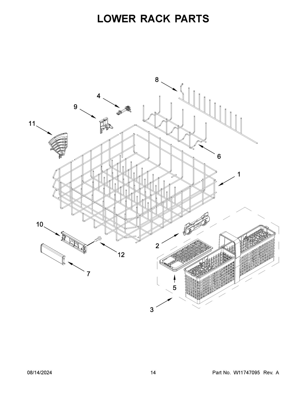 08 - Lower Rack Parts Diagram and Parts List for JDPSS244PM1  Whirlpool Dishwasher
