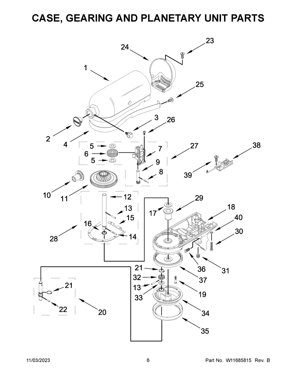 Case, Gearing And Planetary Unit Parts Diagram and Parts List for 5KSM175PSBDR5  KitchenAid Mixer