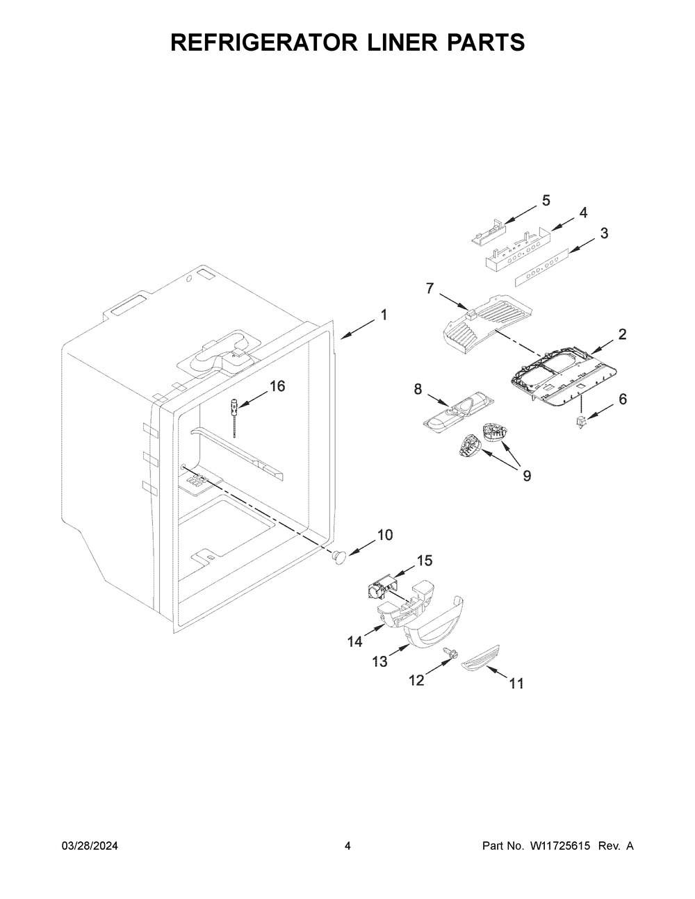 Refrigerator Liner Parts Diagram and Parts List for KRBR102ESS05  KitchenAid Refrigerator