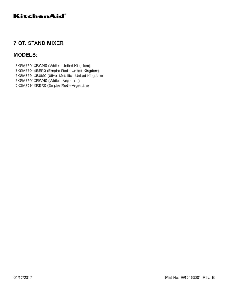 Cover Sheet Diagram and Parts List for 5KSM7591XRWH0  KitchenAid Mixer